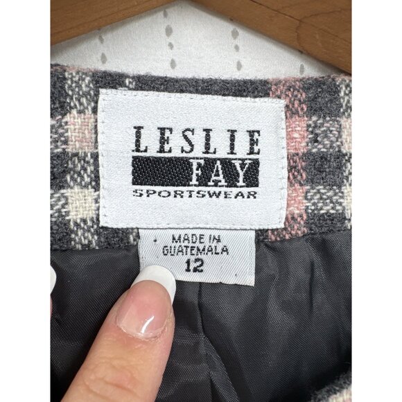 Vintage Leslie Fay Womens Blazer Sz 12 Gray/Pink Plaid Classic Wool Blend Boxy - Picture 5 of 12